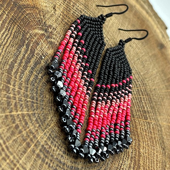 Seed Bead Fringe Dangle Earrings Watermelon Pink Gunmetal Black Glass Crystals - Picture 6 of 10